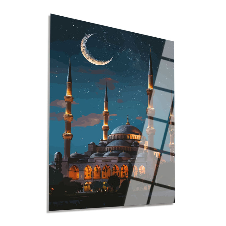 Blue Mosque in Moonlight Glass Wall Art - WTC060